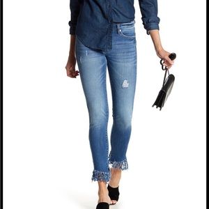 Blank NYC fringe hem skinny stretch jeans.